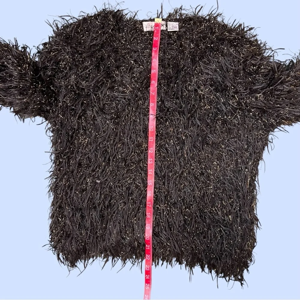 Gantos Eyelash Fringe Sweater Black Metallic Gold Pullover‎ 3/4 Sleeves Sz M VTG